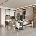 Modern Open Restaurant Area With Dining Table Chairs Cabinets And Pendant Lighting 3d model