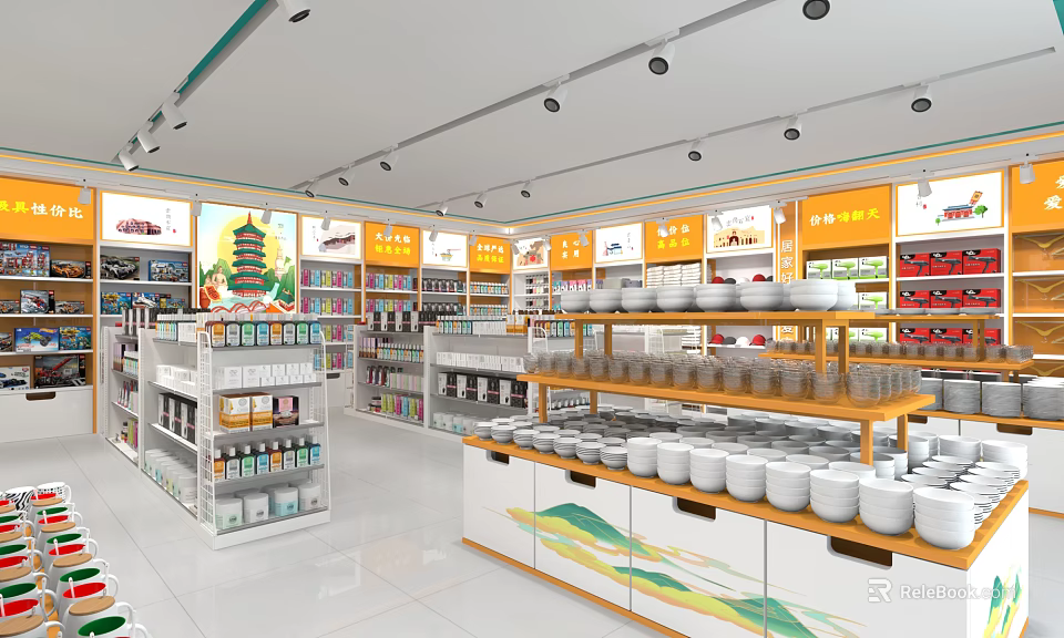 Kitchenware Specialty Store Interior With Display Shelves Bowls Cups And Jars 3d model 