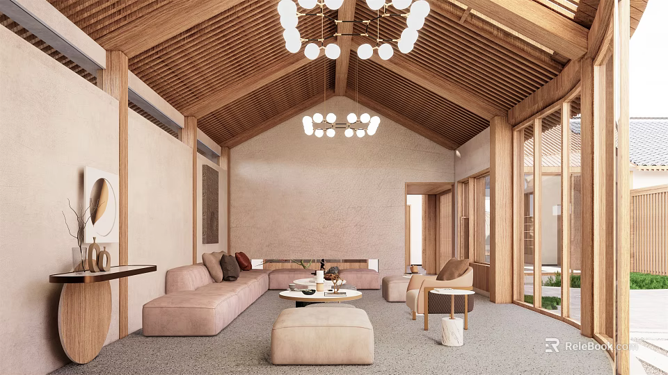 Bright Wooden Ceiling Living Room With Chandelier Sofa And Floor To Ceiling Windows 3d model 