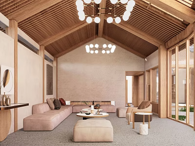 Bright Wooden Ceiling Living Room With Chandelier Sofa And Floor To Ceiling Windows 3d model