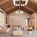 Bright Wooden Ceiling Living Room With Chandelier Sofa And Floor To Ceiling Windows