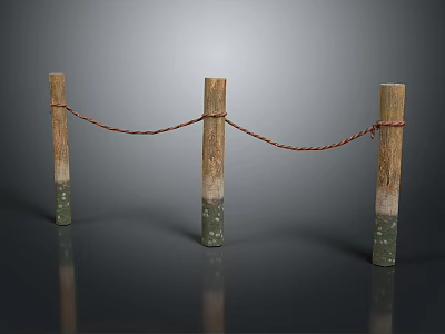 Wooden Rope Fence With Green Base Posts On Gray Reflective Surface 3d model