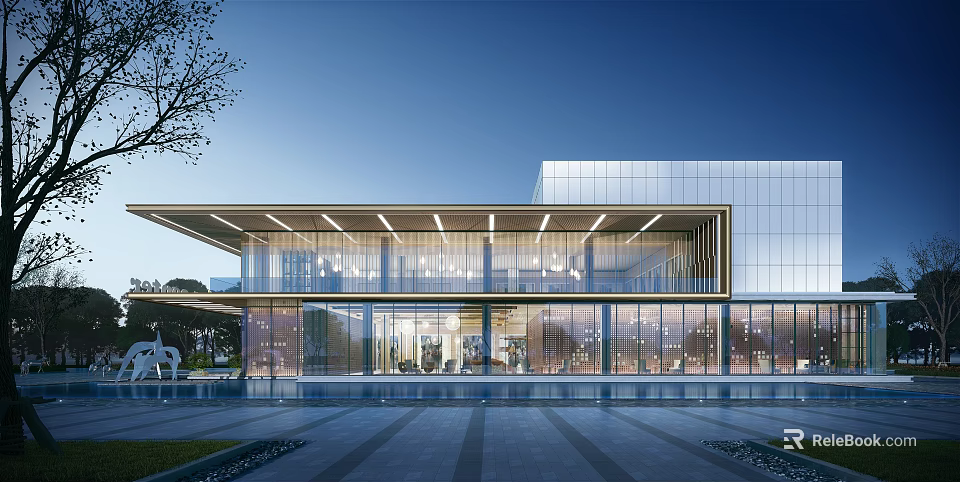 Modern Building Exterior With Glass Curtain Wall Spacious Entrance And Water Pool Courtyard Design 3d model 