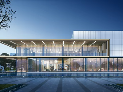 Modern Building Exterior With Glass Curtain Wall Spacious Entrance And Water Pool Courtyard Design 3d model
