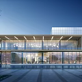 Modern Building Exterior With Glass Curtain Wall Spacious Entrance And Water Pool Courtyard Design