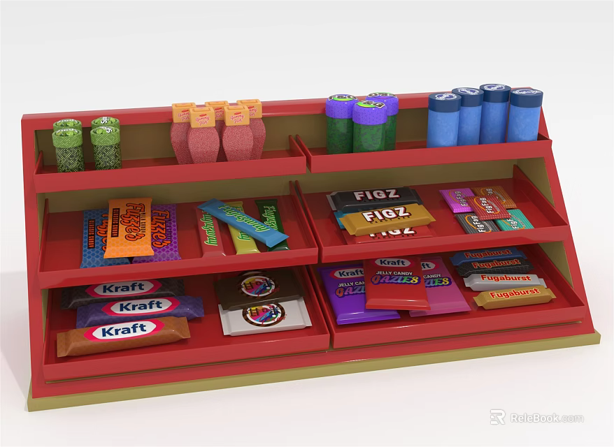 Assorted Food Products on Red Multi Layer Shelf with Colorful Packages and Cans 3d model 