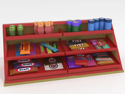 Assorted Food Products on Red Multi Layer Shelf with Colorful Packages and Cans 3d model