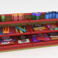 Assorted Food Products on Red Multi Layer Shelf with Colorful Packages and Cans