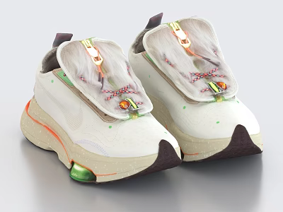 Pair Of White Sports Shoes With Fuzzy Details And Zipper 3d model