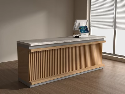 Modern Wooden Checkout Counter With Vertical Stripes Marble Top Cash Register Near Window 3d model