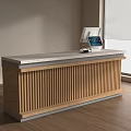 Modern Wooden Checkout Counter With Vertical Stripes Marble Top Cash Register Near Window