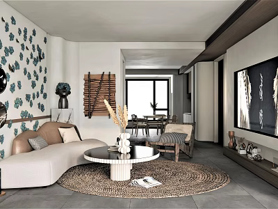 Modern Living And Dining Room Interior With Decorative Wall Sofa Coffee Table And Dining Chairs 3d model