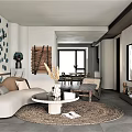 Modern Living And Dining Room Interior With Decorative Wall Sofa Coffee Table And Dining Chairs