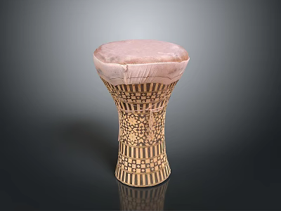 Handcrafted Wooden Hand Drum With Pink Drumhead And Brown Beige Geometric Floral Carved Patterns 3d model