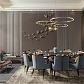 Elegant Private Dining Room Interior With Circular Ring Chandeliers Dining Table Chairs And Bird Decorations 3d model