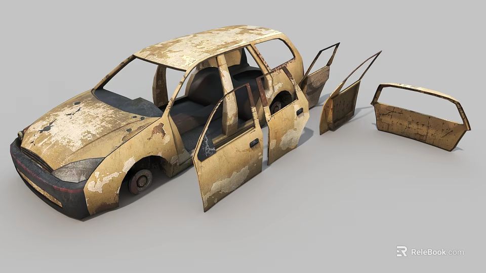 Old Rusty Abandoned Car With Open Doors And Detached Body Parts 3d model 