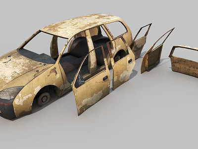 Old Rusty Abandoned Car With Open Doors And Detached Body Parts 3d model