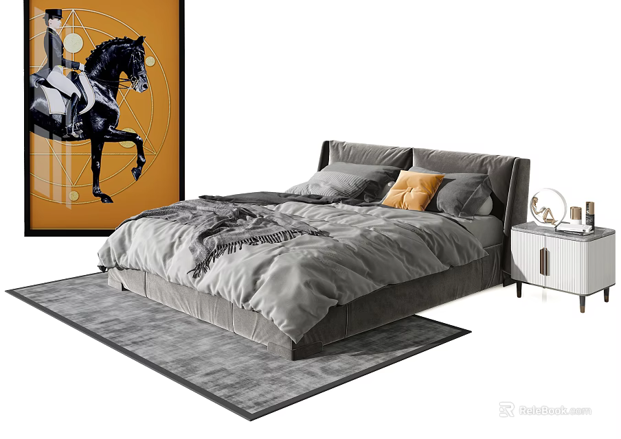 Modern Double Bed With Gray Bedding Horse Artwork Nightstand And Rug 3d model