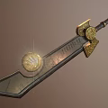 Ornate Medieval Style Sword Featuring Leather Wrapped Hilt Golden Emblems And Carved Blade Design