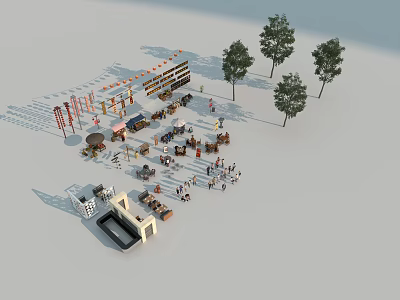 Vibrant Outdoor Market Scene With Stalls Crowds And Trees In Open Area 3d model