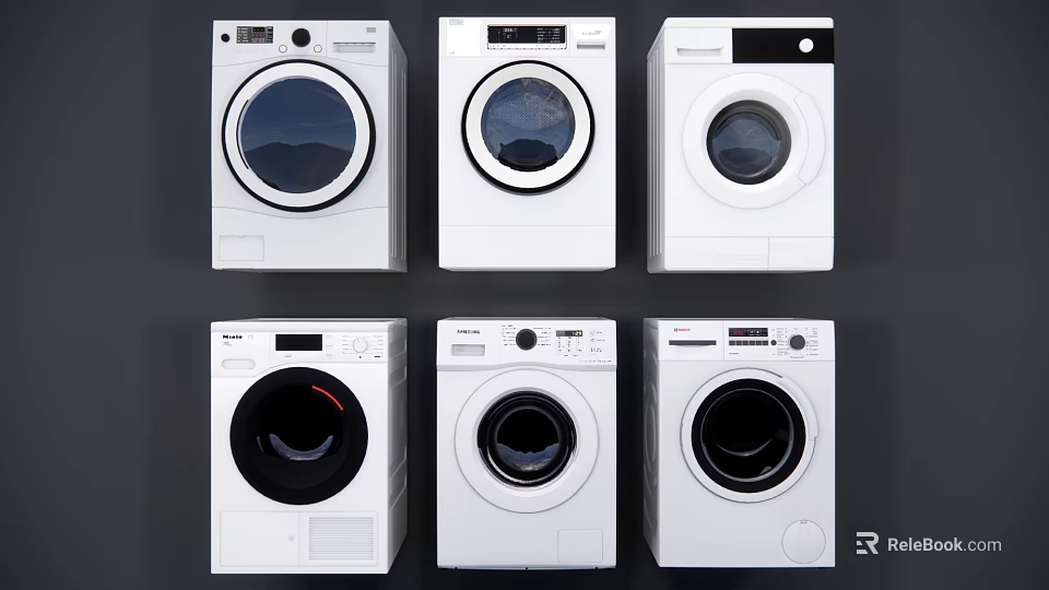 Modern White Washing Machines With Multiple Models And Control Panels 3d model