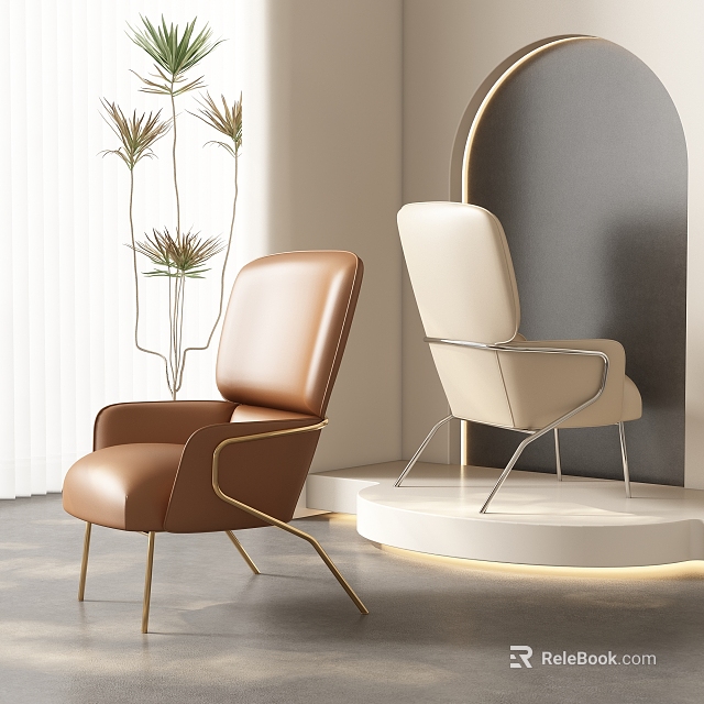 Brown And Beige Leather Accent Chairs With Metal Legs In Modern Interior With Plants 3d model 