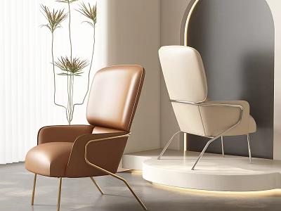 Brown And Beige Leather Accent Chairs With Metal Legs In Modern Interior With Plants 3d model