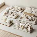 Beige Sofa Collection With Various Designs Cushions And Wooden Elements In Modern Living Room