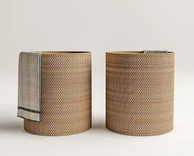Round Woven Storage Baskets With Gray Striped Towel On Natural Design 3d model