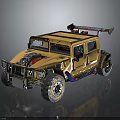 Yellow Modified Off Road Vehicle With Exposed Engine Oversized Tires Colorful Stripes And Roof Spoiler