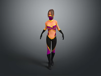 Woman in purple and yellow outfit with black gloves and boots walking pose 3d model