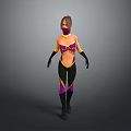 Woman in purple and yellow outfit with black gloves and boots walking pose