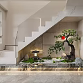 Indoor Landscape with Marble Staircase Bonsai Pine Tree Red Decoration Pebbles and Moss Soft Lighting