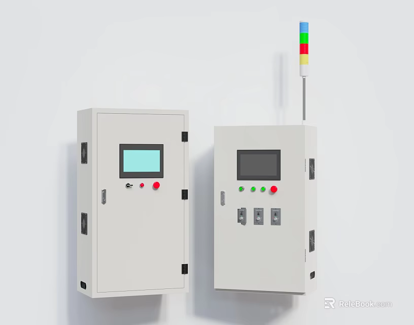 Industrial Control Panel Cabinets With Display Screens Control Buttons And Warning Lights 3d model 