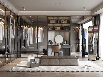 Modern Walk-in Closet With Glass Doors Hanging Clothes And Dressing Table 3d model