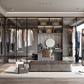 Modern Walk-in Closet With Glass Doors Hanging Clothes And Dressing Table