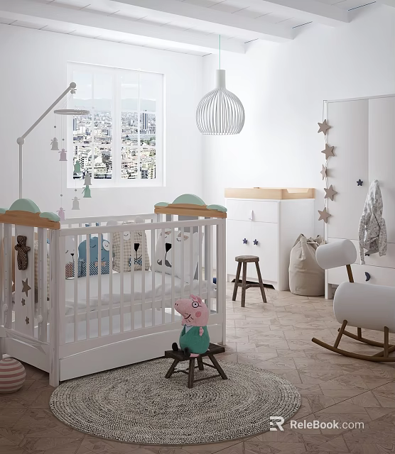 Cozy Kids Room Interior With Crib Star Decorations Rocking Chair And Window View 3d model 