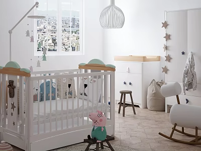 Cozy Kids Room Interior With Crib Star Decorations Rocking Chair And Window View 3d model