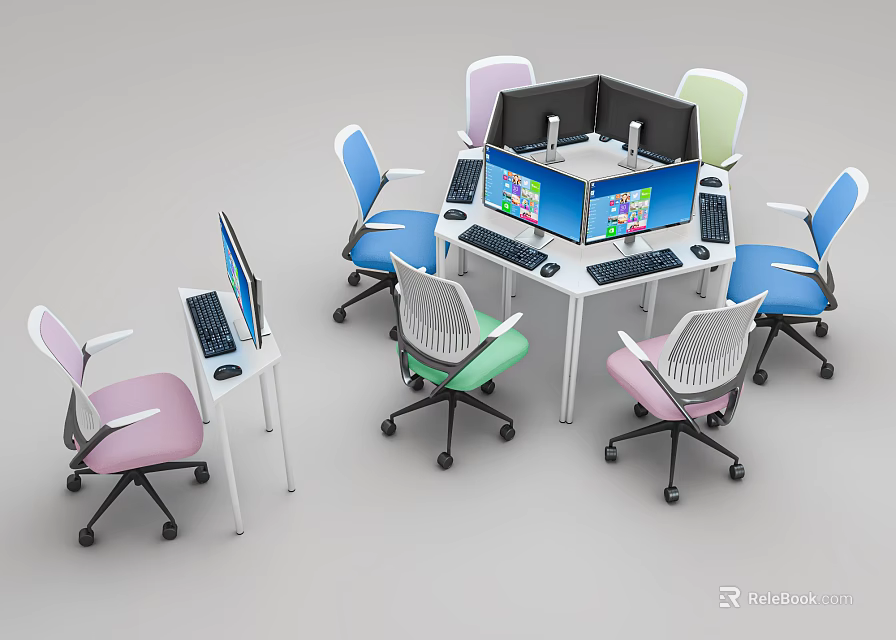 Hexagonal Office Desk With Multi Workstation Colorful Chairs Computer Monitors And Dividers 3d model