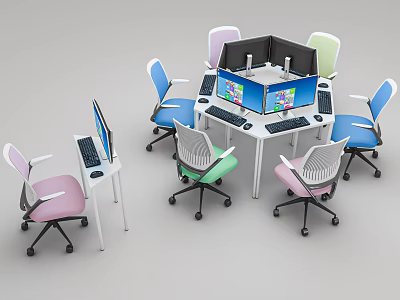 Hexagonal Office Desk With Multi Workstation Colorful Chairs Computer Monitors And Dividers 3d model