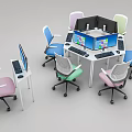 Hexagonal Office Desk With Multi Workstation Colorful Chairs Computer Monitors And Dividers 3d model