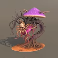 Fantasy Plant Design With Purple Spotted Mushroom Twisted Roots Tentacle Like Vines on Orange Ground