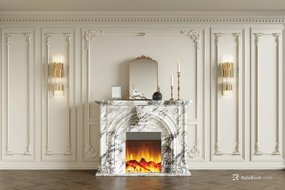 Classic Ornate Background Wall Design With Marble Fireplace Mirror And Gold Wall Sconces 3d model 