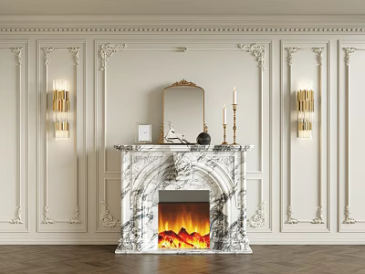 Classic Ornate Background Wall Design With Marble Fireplace Mirror And Gold Wall Sconces 3d model
