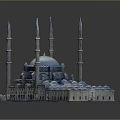 Cartoon Scene Of Mosque With Blue Dome Tall Minarets And Arched Structures