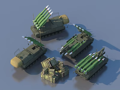 Military Missile Launchers on Armored Vehicles With Multiple Missile Tubes And Green Camouflage 3d model