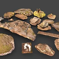 Wood and Stone Natural Materials Featuring Moss Covered Surfaces and Various Shapes
