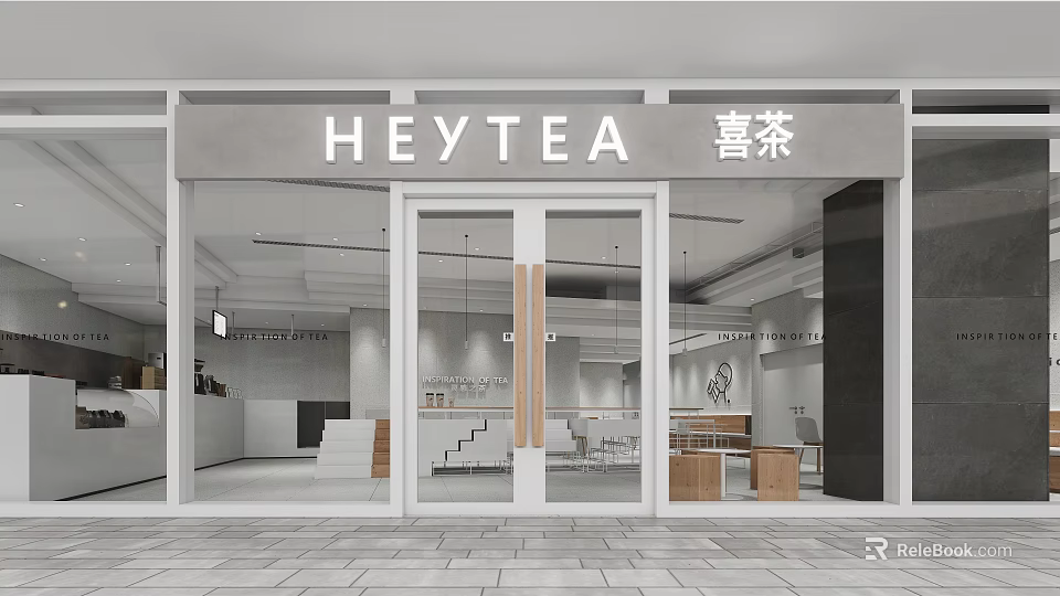HEYTEA Modern Bubble Tea Shop With Glass Doors Open Interior And Minimalist Design Elements 3d model 