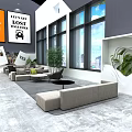 Modern Exhibition Hall Interior With Open Space Circular Display Stand Green Plants And Large Windows