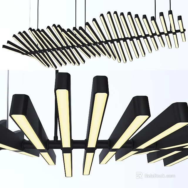 Modern Linear Chandelier with Black Frame and LED Light Strips in Unique Arrangement 3d model 